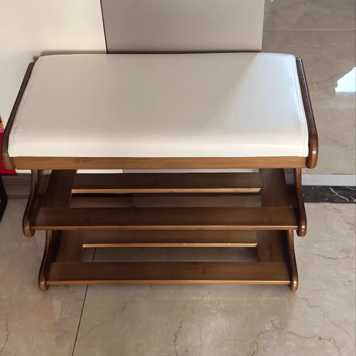 Leather Minimalist Rectangular Bamboo Shoe Bench