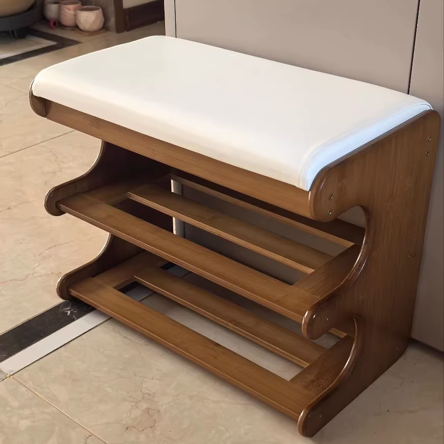 Leather Minimalist Rectangular Bamboo Shoe Bench