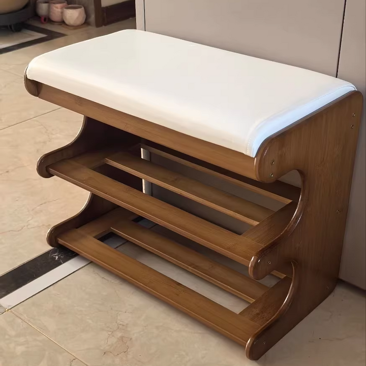 Leather Minimalist Rectangular Bamboo Shoe Bench