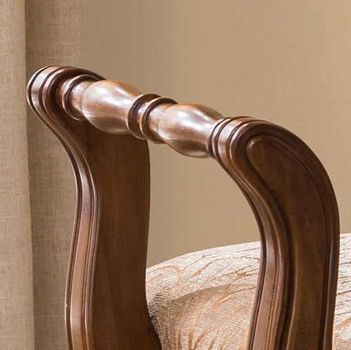 Traditional Vintage Rubberwood & Fabric Square Padded Vanity Stool With Patterned Upholstery & Low Backrest For Bedroom