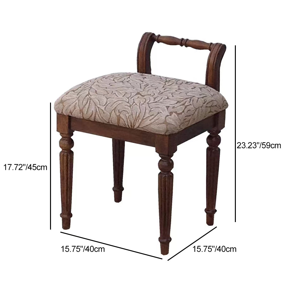Traditional Vintage Rubberwood & Fabric Square Padded Vanity Stool With Patterned Upholstery & Low Backrest For Bedroom