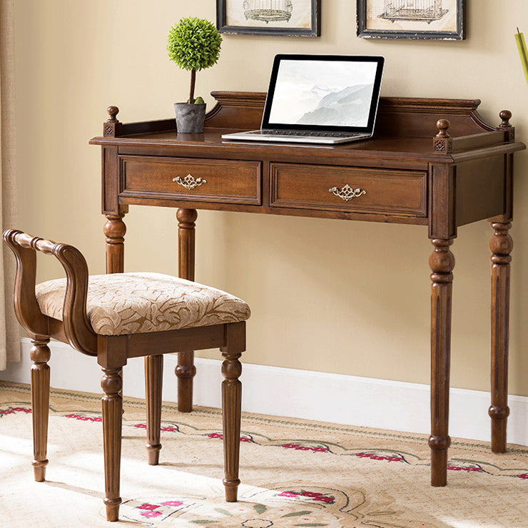 Traditional Vintage Rubberwood & Fabric Square Padded Vanity Stool With Patterned Upholstery & Low Backrest For Bedroom