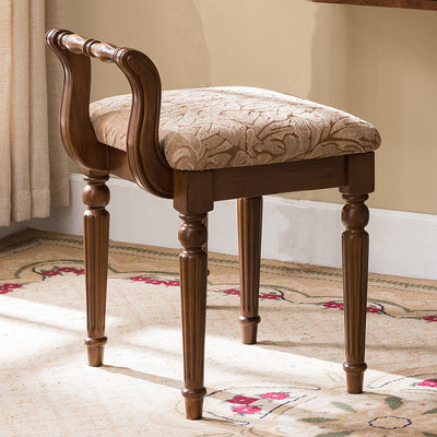 Traditional Vintage Rubberwood & Fabric Square Padded Vanity Stool With Patterned Upholstery & Low Backrest For Bedroom