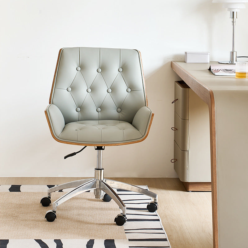 Contemporary Nordic Swivel Microfiber & Genuine Leather Wood Steel Square Desk Chair With Armrest And Backrest For Home Office Or Study