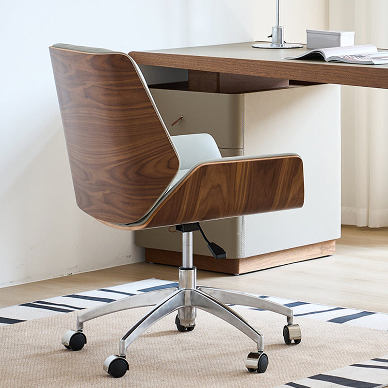 Contemporary Nordic Swivel Microfiber & Genuine Leather Wood Steel Square Desk Chair With Armrest And Backrest For Home Office Or Study