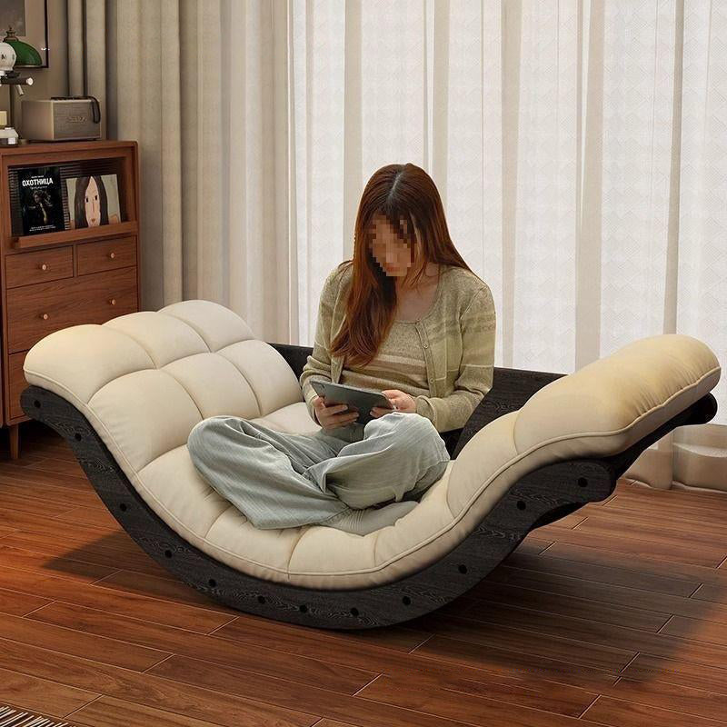 Contemporary Nordic Faux Leather Cotton-Linen & HDF Moon Boat Rocking Chair Recliner With Backrest For Living Room & Bedroom