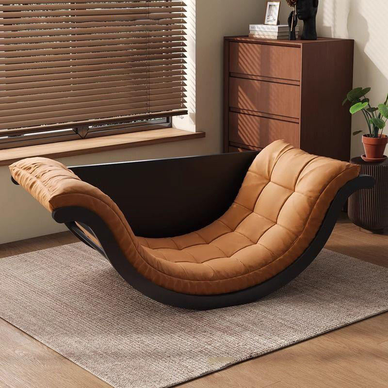 Contemporary Nordic Faux Leather Cotton-Linen & HDF Moon Boat Rocking Chair Recliner With Backrest For Living Room & Bedroom