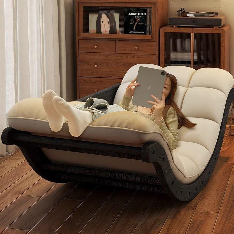Contemporary Nordic Faux Leather Cotton-Linen & HDF Moon Boat Rocking Chair Recliner With Backrest For Living Room & Bedroom