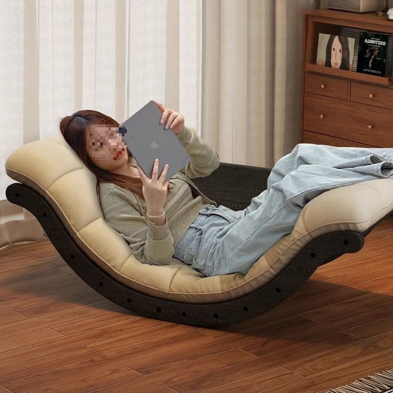 Contemporary Nordic Faux Leather Cotton-Linen & HDF Moon Boat Rocking Chair Recliner With Backrest For Living Room & Bedroom