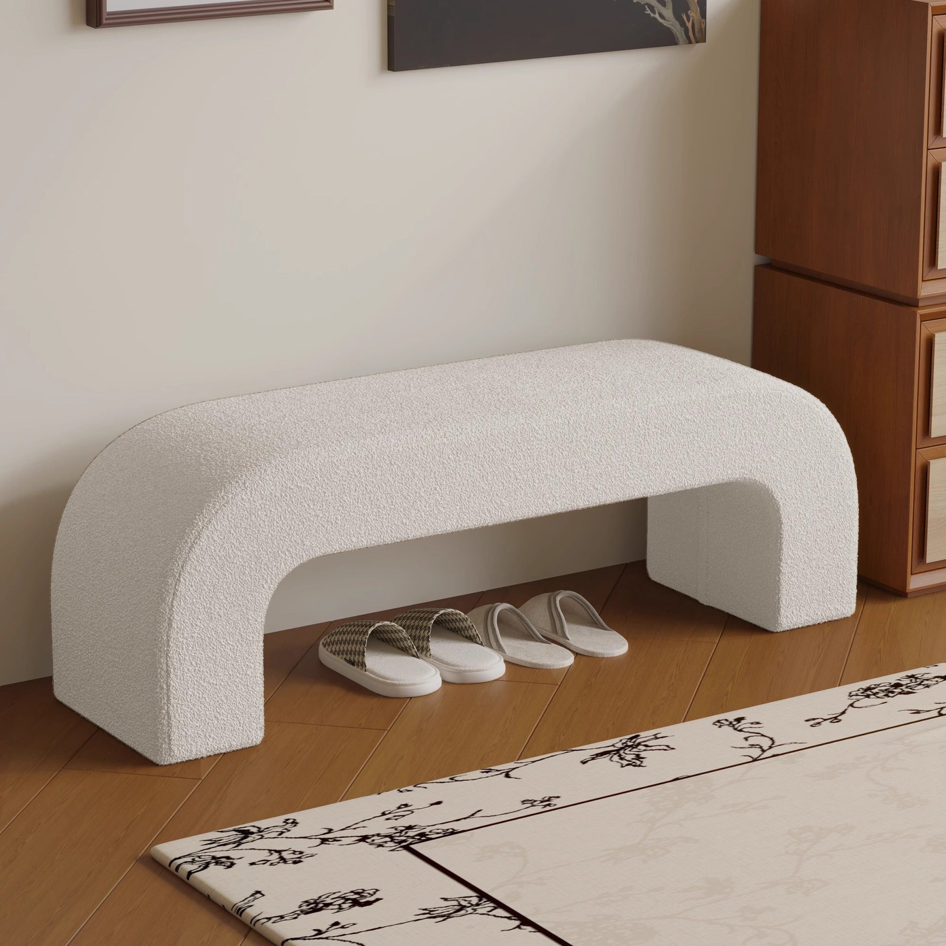 Modern Minimalist Wood Sherpa Fabric And PU Leather Rectangular Bench For Entryway And Living Room