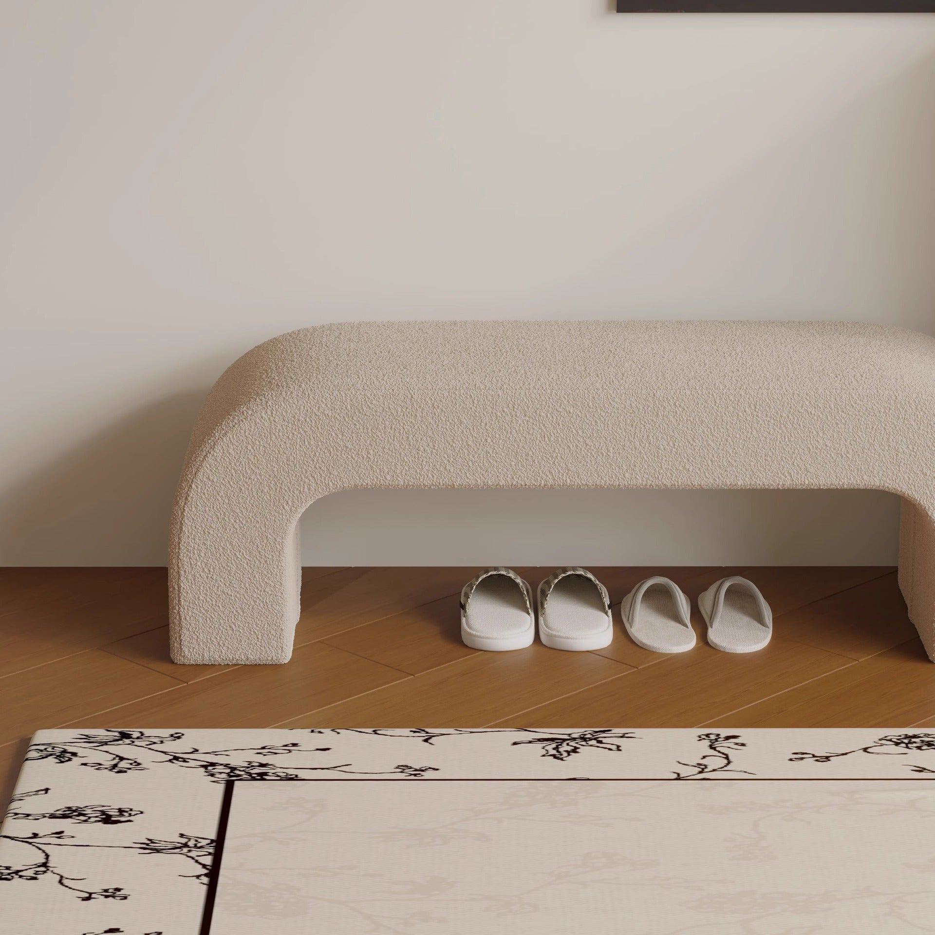 Modern Minimalist Wood Sherpa Fabric And PU Leather Rectangular Bench For Entryway And Living Room