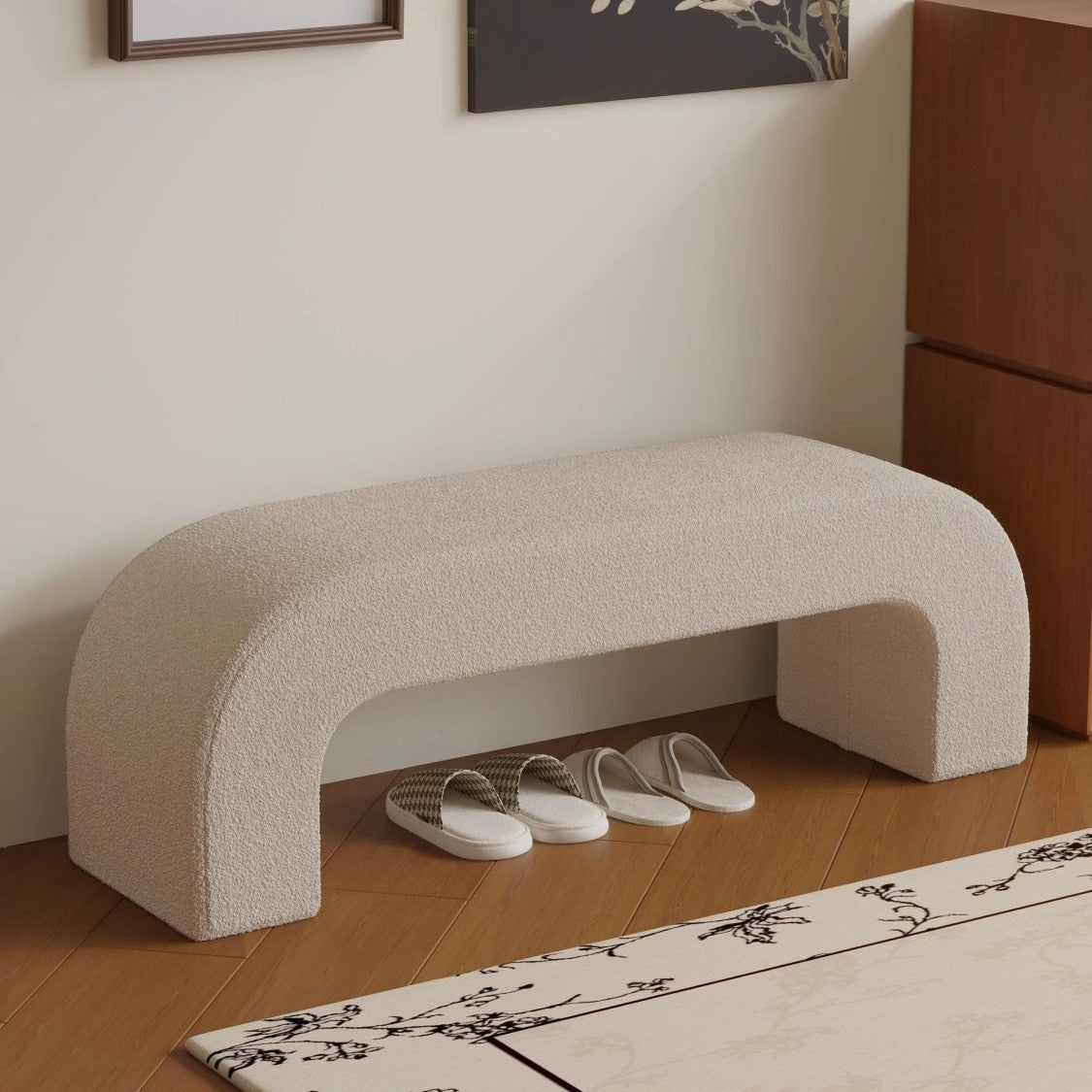 Modern Minimalist Wood Sherpa Fabric And PU Leather Rectangular Bench For Entryway And Living Room