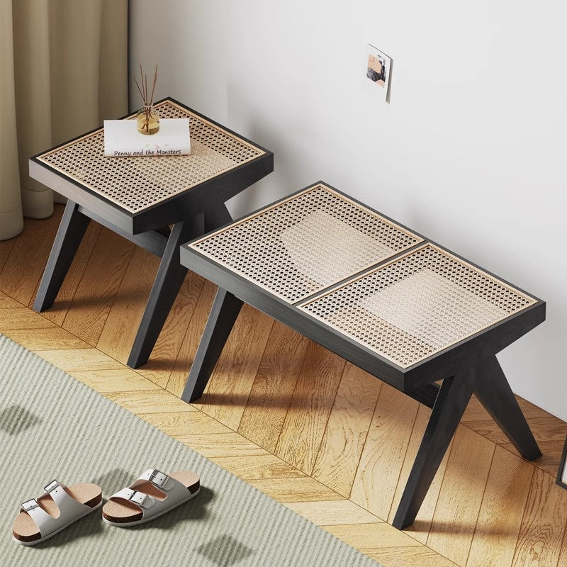 Traditional Japanese Rubber Wood And Rattan Rectangular V-Leg Bench With Handwoven Seat For Entryway And Living Room