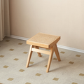 Traditional Japanese Rubber Wood And Rattan Rectangular V-Leg Bench With Handwoven Seat For Entryway And Living Room