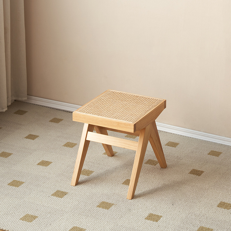 Traditional Japanese Rubber Wood And Rattan Rectangular V-Leg Bench With Handwoven Seat For Entryway And Living Room