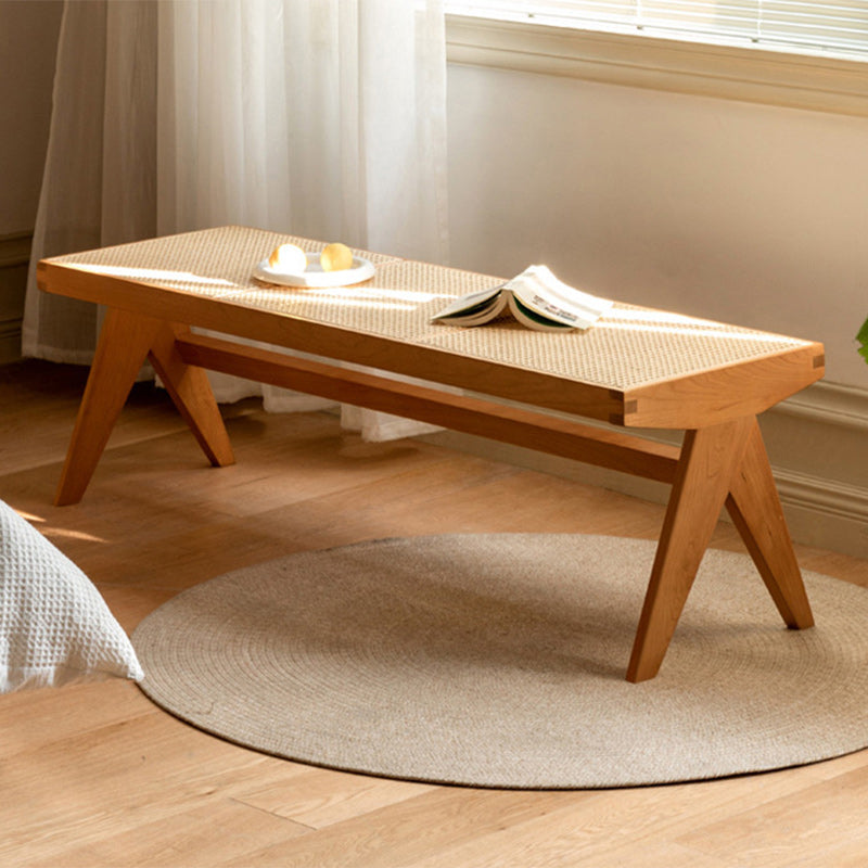 Traditional Japanese Rubber Wood And Rattan Rectangular V-Leg Bench With Handwoven Seat For Entryway And Living Room