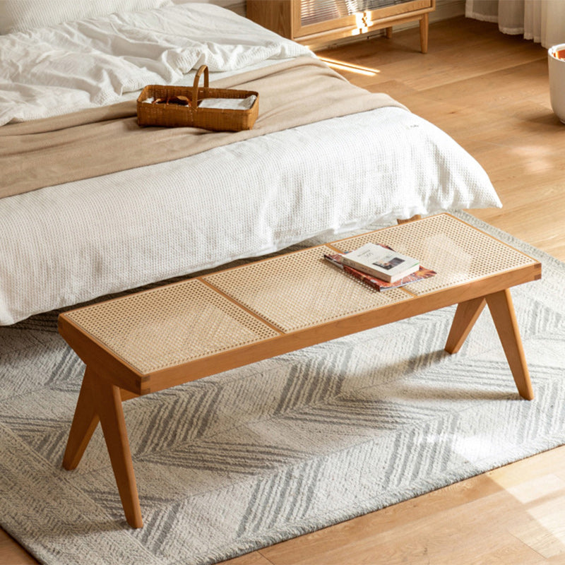 Traditional Japanese Rubber Wood And Rattan Rectangular V-Leg Bench With Handwoven Seat For Entryway And Living Room
