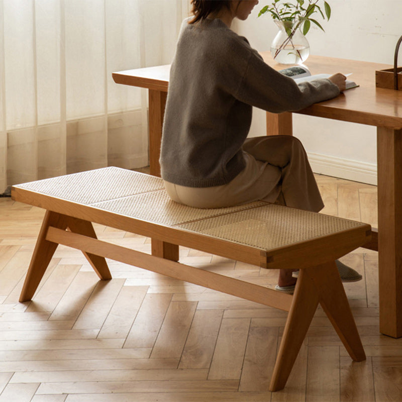 Traditional Japanese Rubber Wood And Rattan Rectangular V-Leg Bench With Handwoven Seat For Entryway And Living Room
