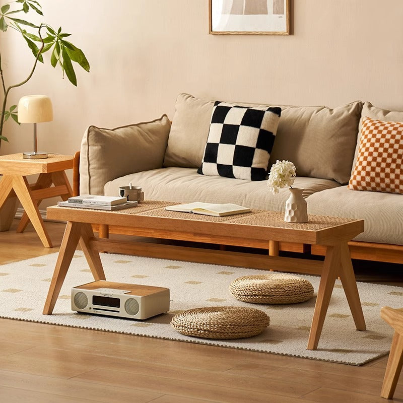 Traditional Japanese Rubber Wood And Rattan Rectangular V-Leg Bench With Handwoven Seat For Entryway And Living Room