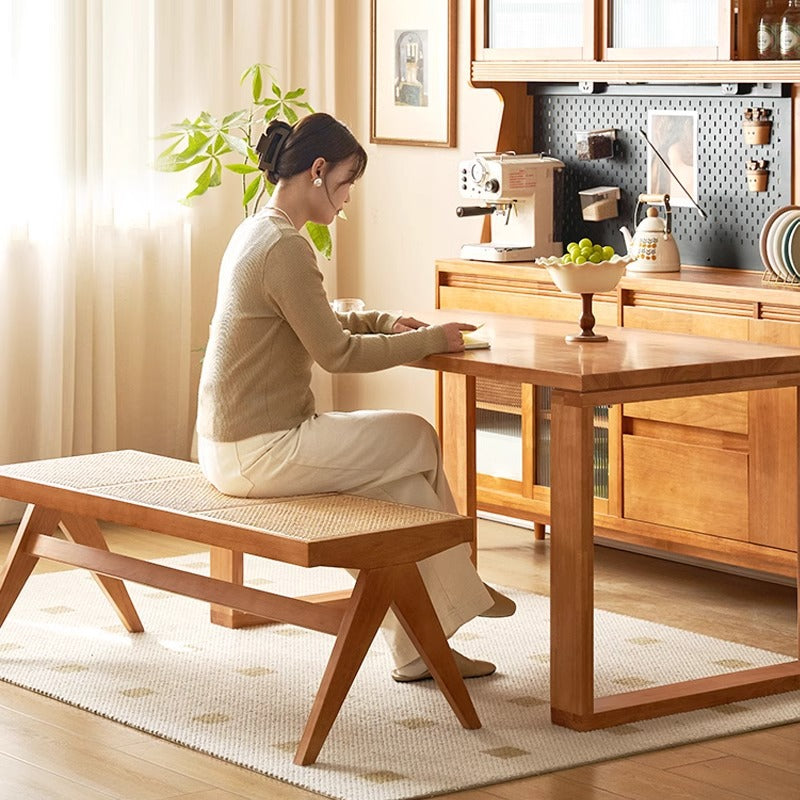 Traditional Japanese Rubber Wood And Rattan Rectangular V-Leg Bench With Handwoven Seat For Entryway And Living Room