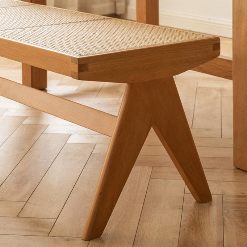 Traditional Japanese Rubber Wood And Rattan Rectangular V-Leg Bench With Handwoven Seat For Entryway And Living Room