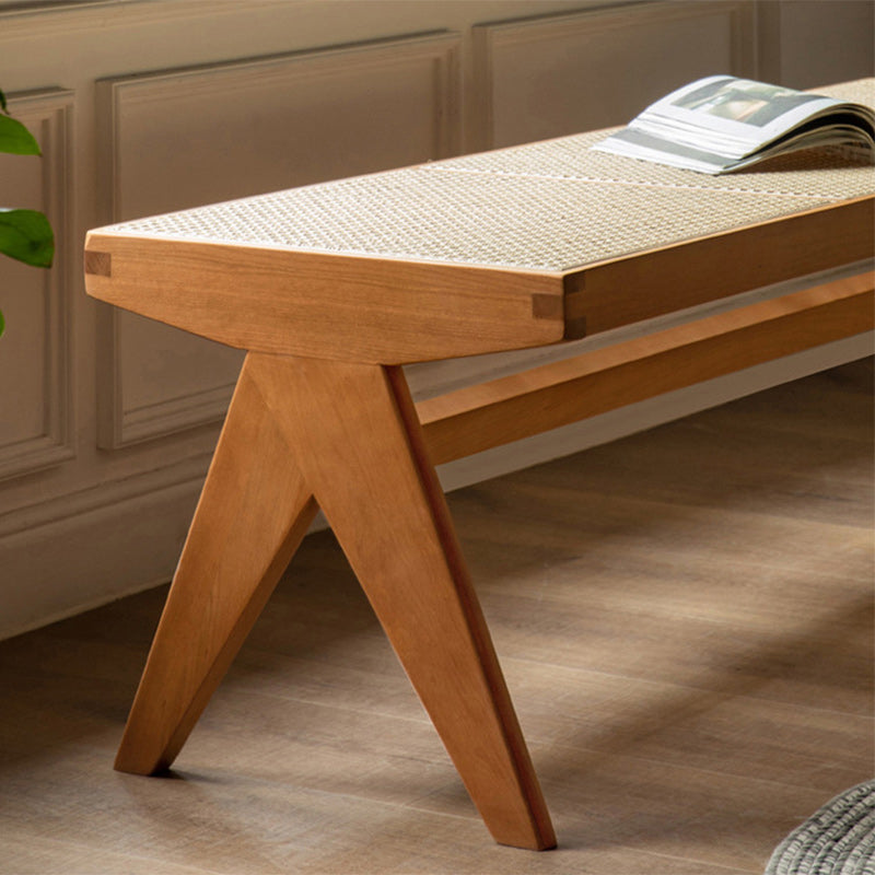 Traditional Japanese Rubber Wood And Rattan Rectangular V-Leg Bench With Handwoven Seat For Entryway And Living Room