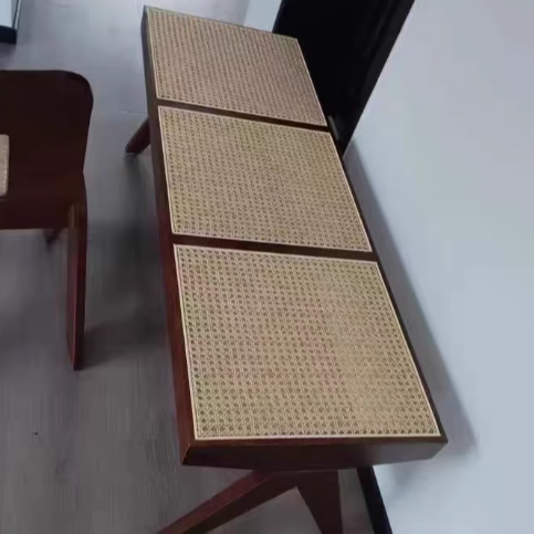 Traditional Japanese Rubber Wood And Rattan Rectangular V-Leg Bench With Handwoven Seat For Entryway And Living Room