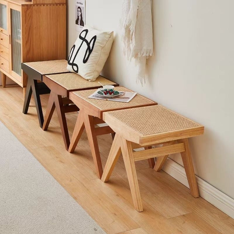 Traditional Japanese Rubber Wood And Rattan Rectangular V-Leg Bench With Handwoven Seat For Entryway And Living Room