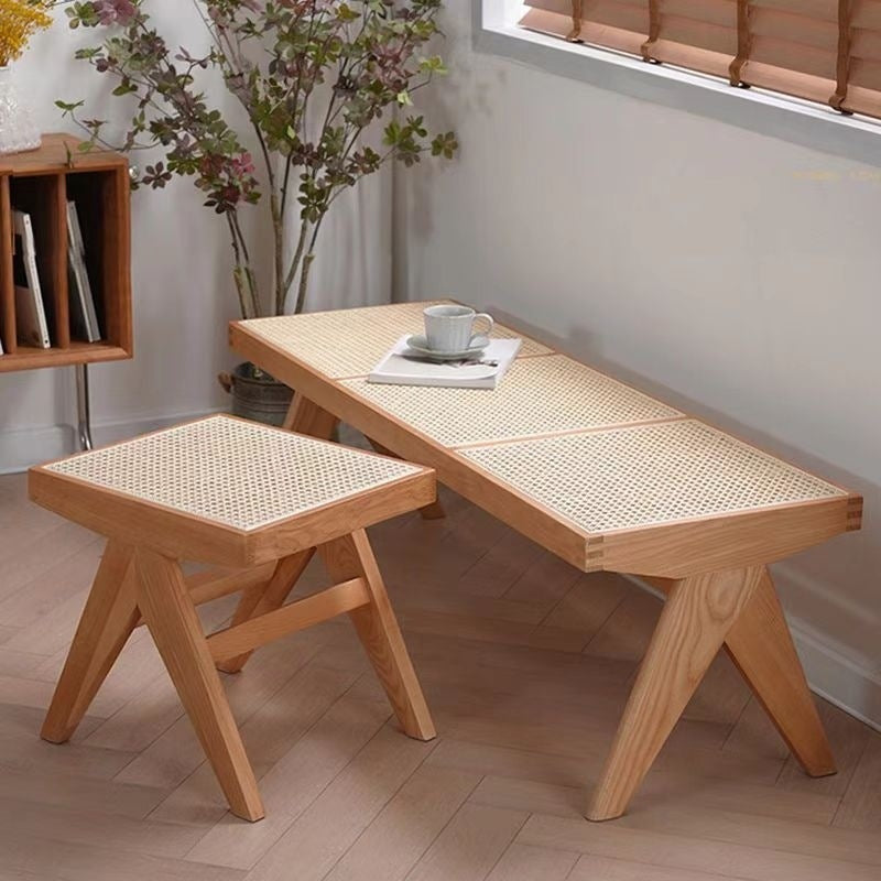 Traditional Japanese Rubber Wood And Rattan Rectangular V-Leg Bench With Handwoven Seat For Entryway And Living Room