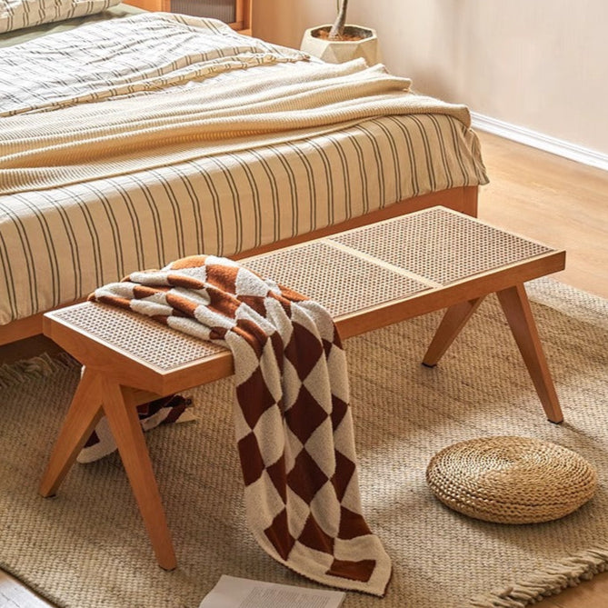 Traditional Japanese Rubber Wood And Rattan Rectangular V-Leg Bench With Handwoven Seat For Entryway And Living Room