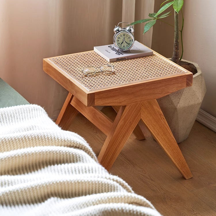 Traditional Japanese Rubber Wood And Rattan Rectangular V-Leg Bench With Handwoven Seat For Entryway And Living Room