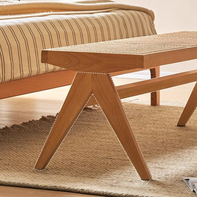 Traditional Japanese Rubber Wood And Rattan Rectangular V-Leg Bench With Handwoven Seat For Entryway And Living Room