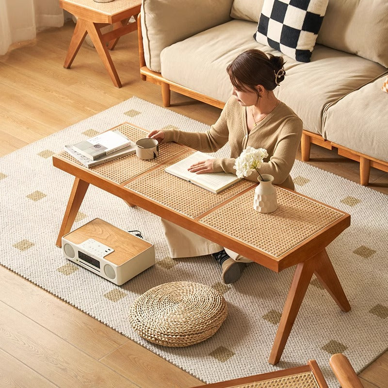 Traditional Japanese Rubber Wood And Rattan Rectangular V-Leg Bench With Handwoven Seat For Entryway And Living Room