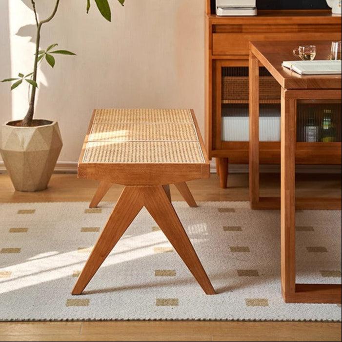 Traditional Japanese Rubber Wood And Rattan Rectangular V-Leg Bench With Handwoven Seat For Entryway And Living Room