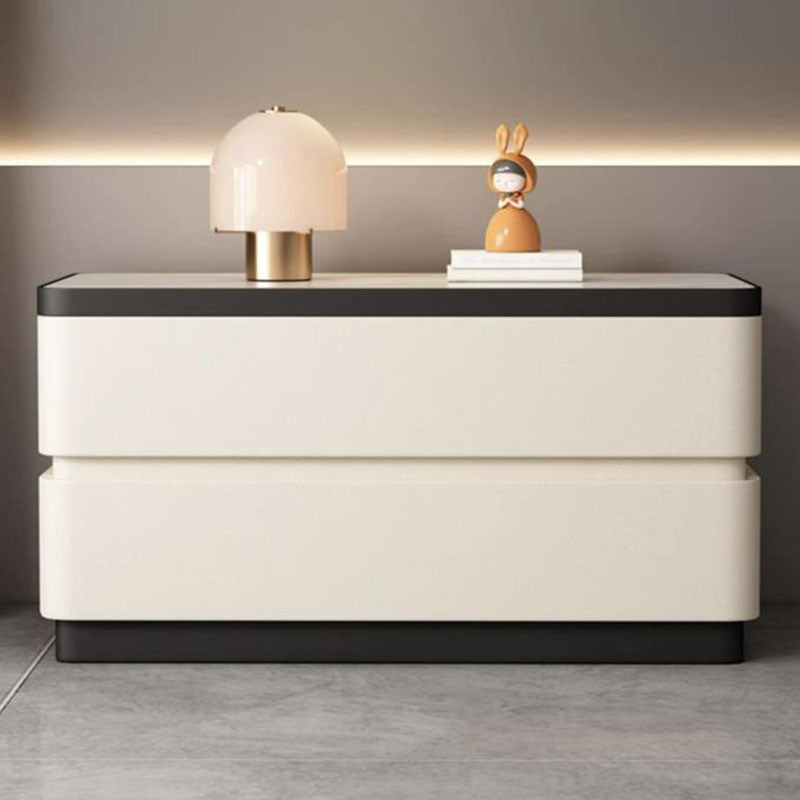 Modern Minimalist Rectangular Stone Slab Solid Wood Cat's Paw Leather Nightstand 2- Drawer For Bedroom