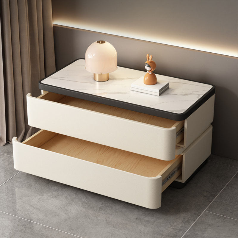 Modern Minimalist Rectangular Stone Slab Solid Wood Cat's Paw Leather Nightstand 2- Drawer For Bedroom