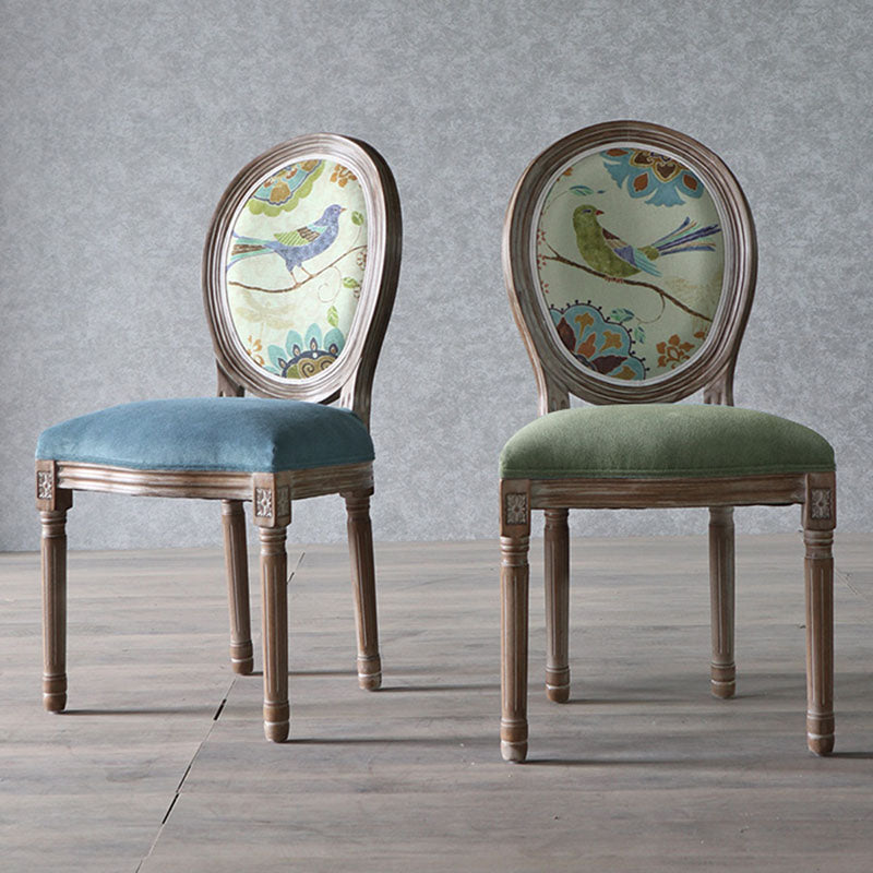 Traditional European Curved Distressed Wooden Frame Velvet Fabric Dining Chair Round Back For Dining Room