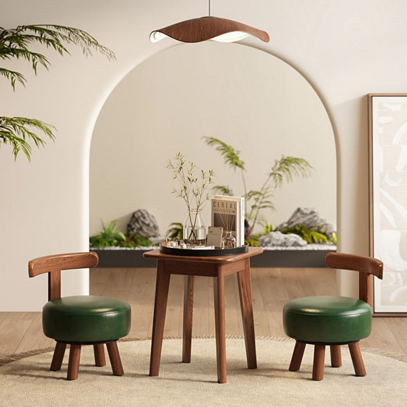 Contemporary Retro Faux Oil-waxed Leather Wood Sponge Round Low Stool Swivel Backrest For Living Room