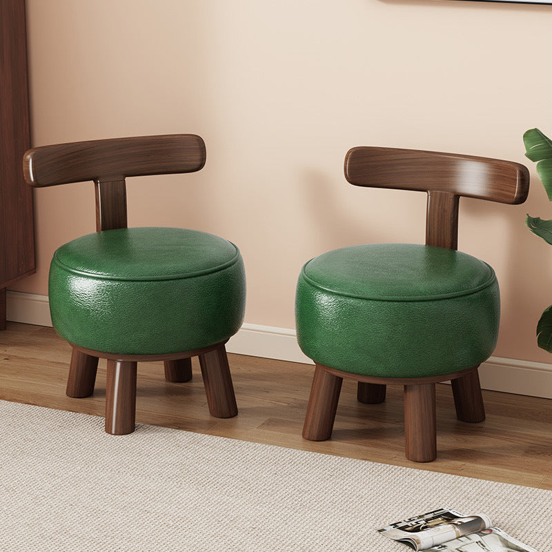 Contemporary Retro Faux Oil-waxed Leather Wood Sponge Round Low Stool Swivel Backrest For Living Room