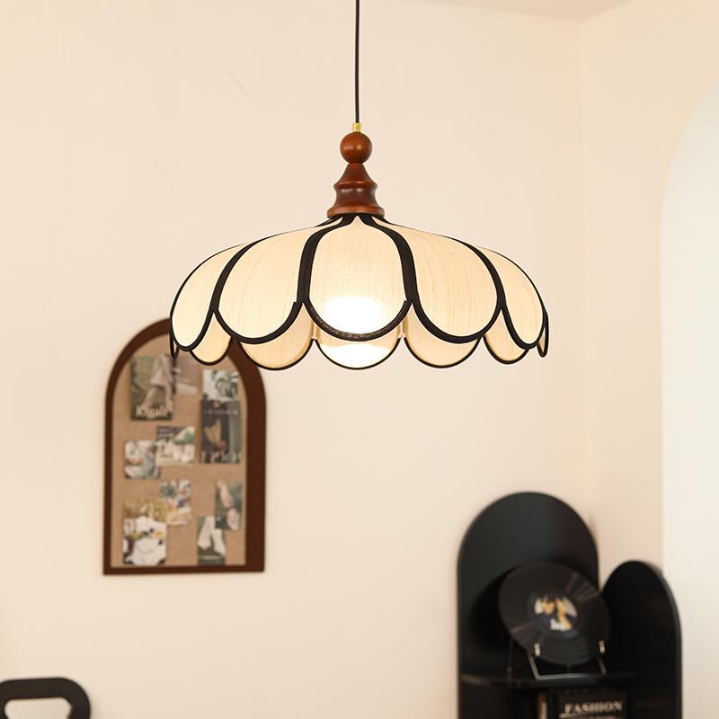 Traditional French Jute Iron Wood Floral 1-Light Pendant Light For Living Room