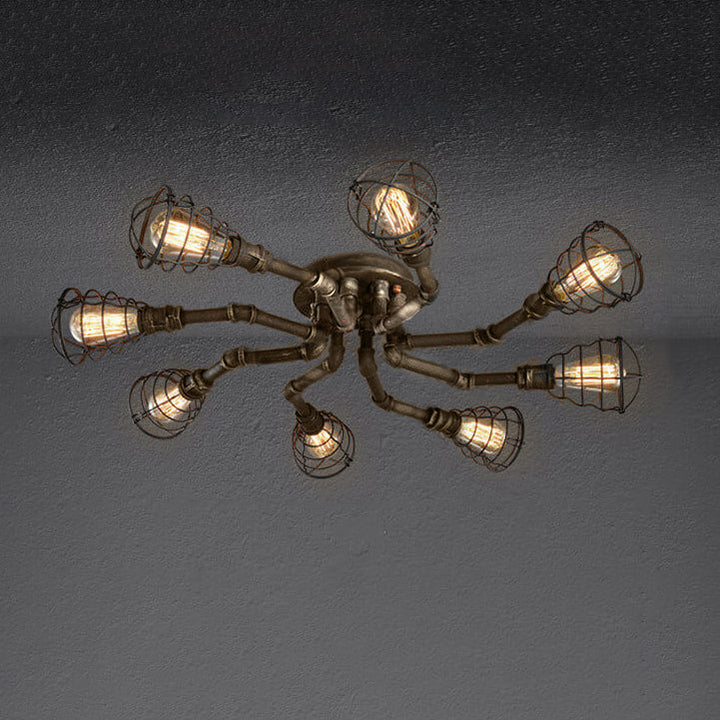 Industrial Round Iron 8-Light Flush Mount Ceiling Light