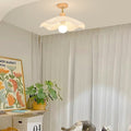 Modern Minimalist Round Flower Wooden Fabric Shade 1-Light Semi-Flush Mount Ceiling Light For Living Room
