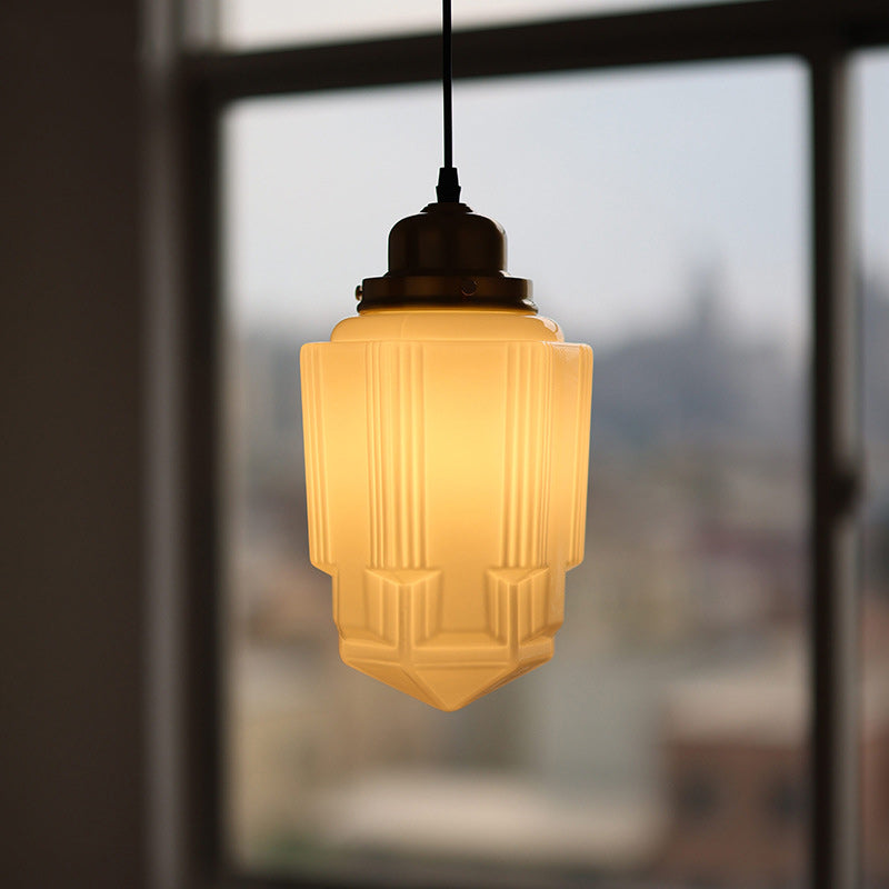 Traditional Vintage Round Cylinder Pagoda Shape Brass Glass 1-Light Pendant Light For Living Room