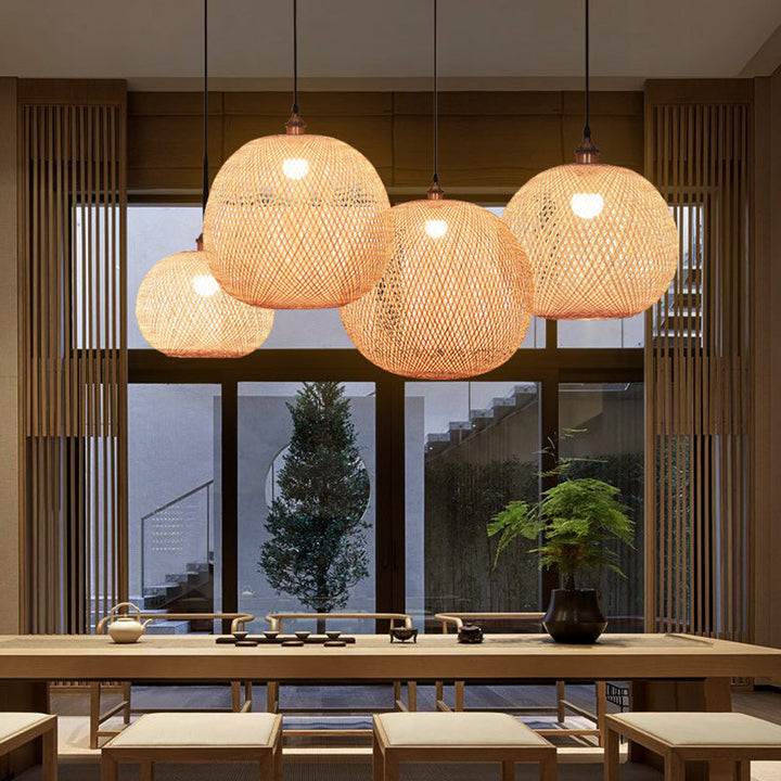 Japanese Traditional Round Bamboo Pendant Light