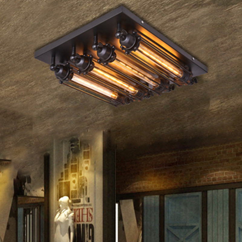 Contemporary Industrial Square Iron Glass 4-Light Semi-Flush Mount Ceiling Light For Bedroom