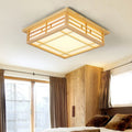 Traditional Japanese Square Lattice Parchment Pine Wood LED Flush Mount Ceiling Light For Living Room