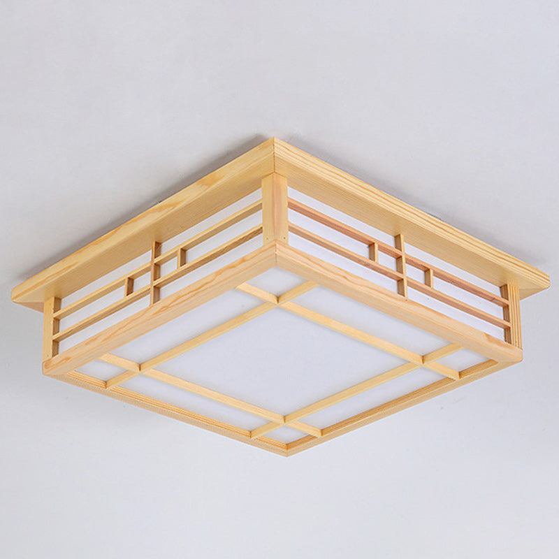 Traditional Japanese Square Lattice Parchment Pine Wood LED Flush Mount Ceiling Light For Living Room