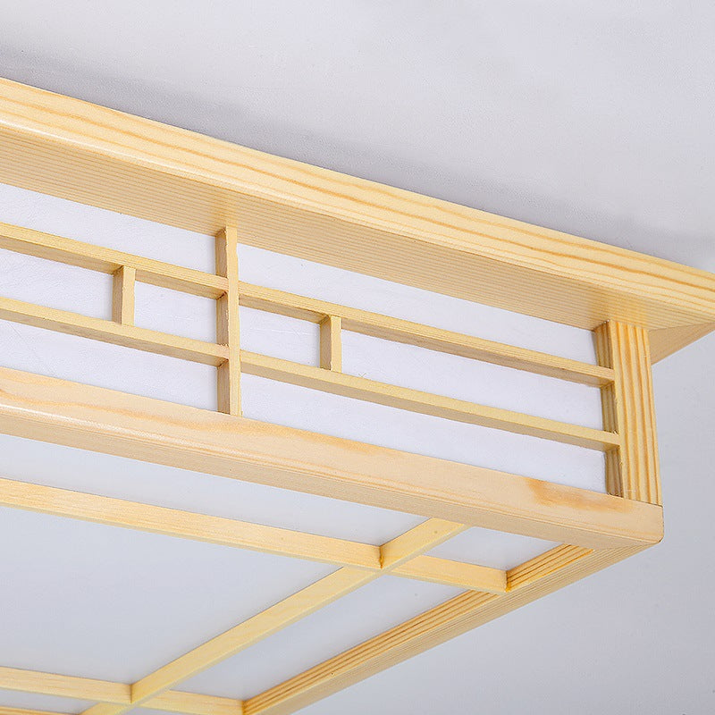 Traditional Japanese Square Lattice Parchment Pine Wood LED Flush Mount Ceiling Light For Living Room