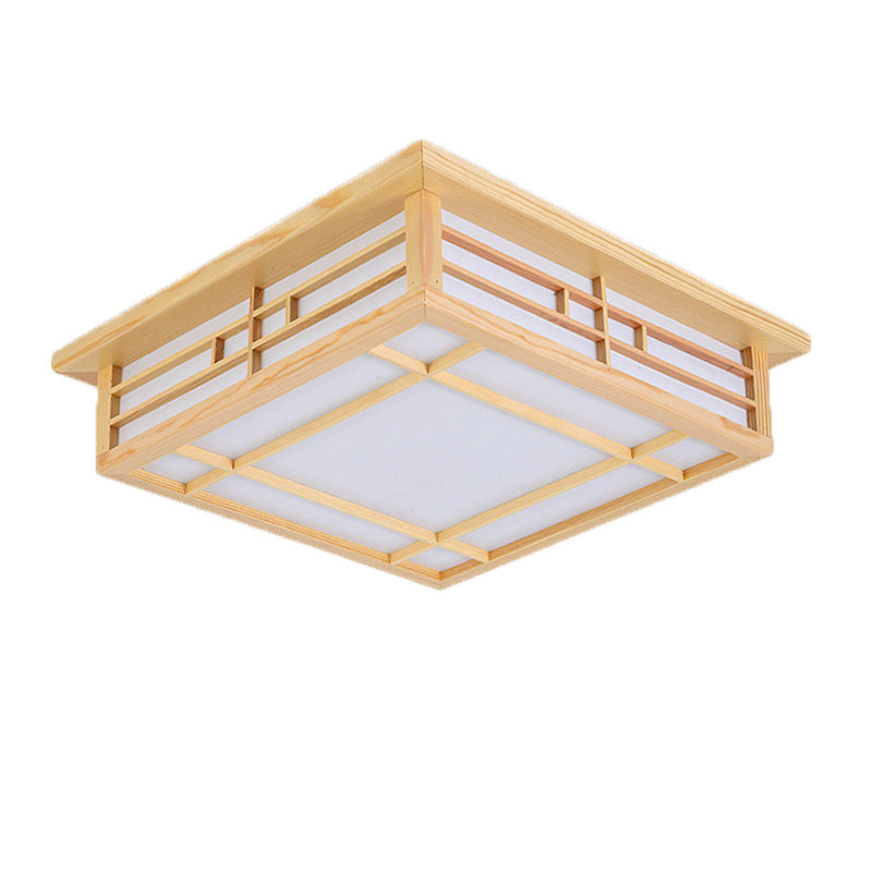 Traditional Japanese Square Lattice Parchment Pine Wood LED Flush Mount Ceiling Light For Living Room