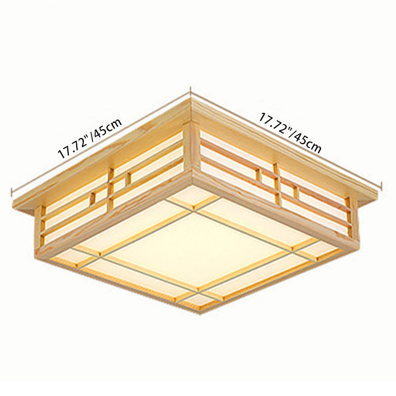 Traditional Japanese Square Lattice Parchment Pine Wood LED Flush Mount Ceiling Light For Living Room